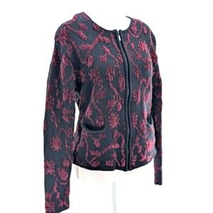 Field Manor Vtg Embroidered Floral Vines Black Bergundy Cardigan Sweater Size L